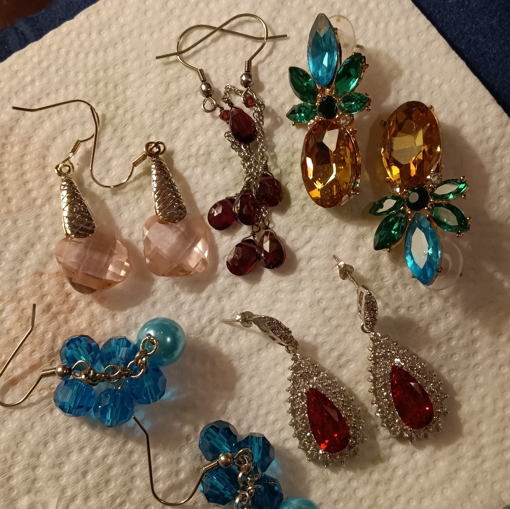 Lot of 5 Pierced Earrings, Rose Quartz, Red CZ, Garnet Chain Drop More